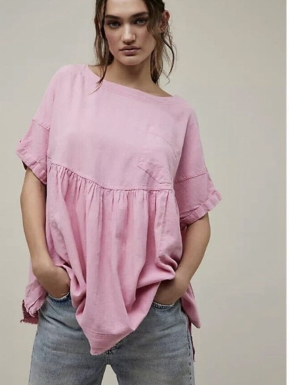 We The Free Moon City Pink Linen Blend Babydoll Pocket Blouse Top Size Small